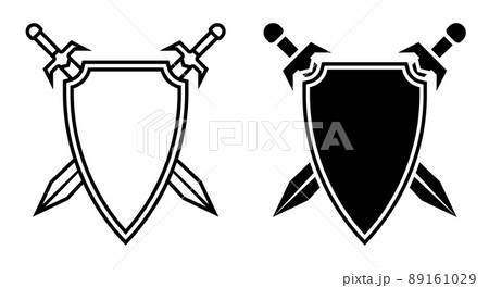 linear icon, pair of crossed knight swords against background of shield. Emblem of old royal family. Simple black and white vector isolated on white background 89161029