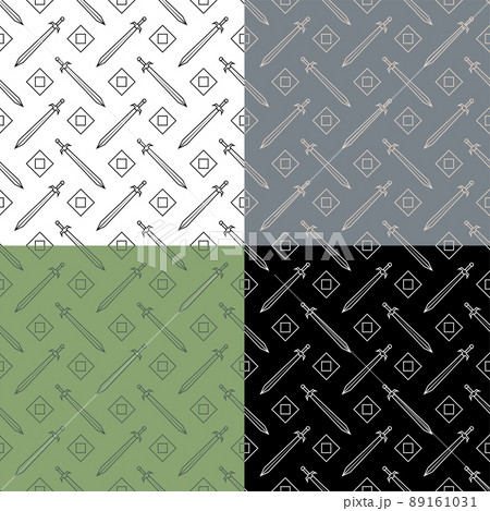 set of seamless patterns with geometric  knight swords. Tournament, beginning of medieval duel. Ornament for decoration and printing on fabric. Design element. Vector 89161031