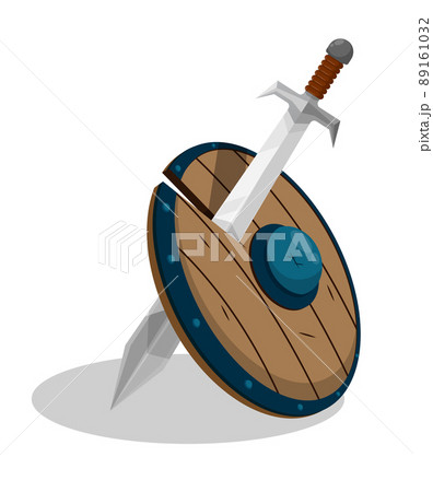 Warrior sword split Viking wooden shield. Deadly attack, defeat in medieval battle. Cartoon vector isolated on white background 89161032