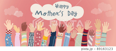 Banner with arms and raised hands of happy and joyful children and multicultural babies with text -Happy Mother s Day- Pink background with clouds. Mother s day sign. Happiness. Celebrate 89163123