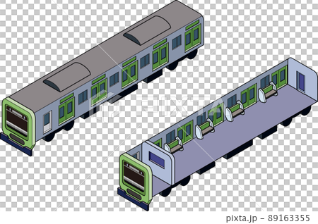 3D 等距風格的綠色火車和橫截面圖。 3D 等距風格的綠色火車和橫截面圖。 89163355