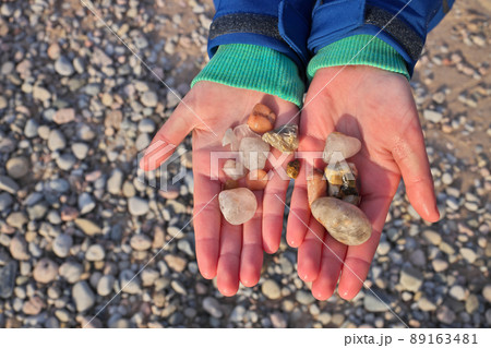 Close Up of Hands Holding Rocks and Pebbles Collected on Beach at Georgian Bay 89163481