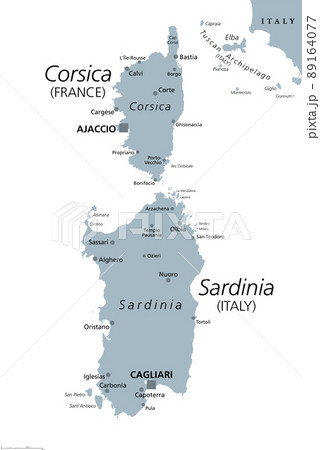 Corsica and Sardinia, gray political map. French and Italian islands, with capitals Ajaccio and Cagliari, in the Mediterranean Sea, west of Italian Peninsula and Tyrrhenian Sea, south of Ligurian Sea. 89164077