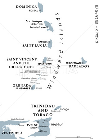 Windward Islands, gray political map. Islands of Lesser Antilles, south of Leeward Islands in the Caribbean Sea. From Dominica, Martinique, Saint Lucia, Saint Vincent and the Grenadines, to Grenada. 89164078