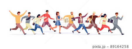 Persons in rush. Cartoon characters in modern clothes hurrying and running together. Vector illustration 89164258