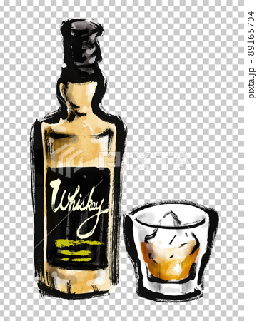ウィスキーの瓶とグラスの手描き和風イラストのイラスト素材