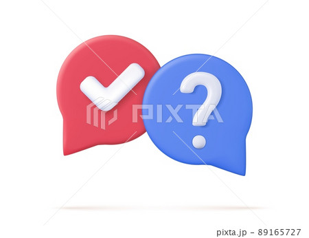 A survey of the reaction of speech bubbles. Cancellation icons, confirmed signs of false rejection or clarification, question. Survey reaction 3d icon. Vector illustration 89165727
