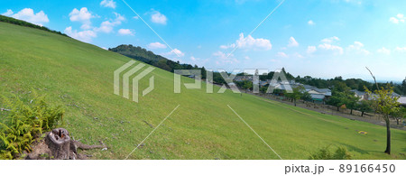 若草山麓の芝生の急斜面が空と緑を斜めに二分割する 89166450