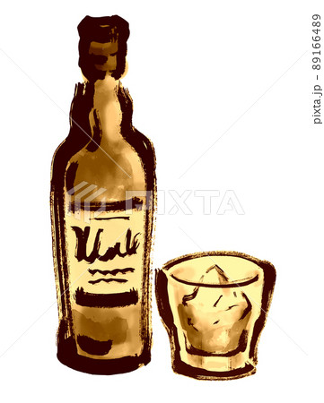 ウィスキーの瓶とグラスの手描き和風イラスト セピア色 琥珀色のイラスト素材 1664