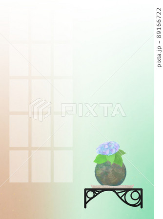 青いあじさい苔玉に障子のシルエットオレンジ 緑 白のグラデーション背景イラストのイラスト素材