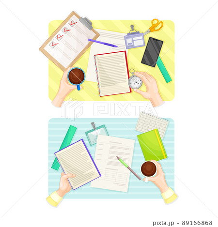 Top view of hands writing on paper documents set vector illustration 89166868