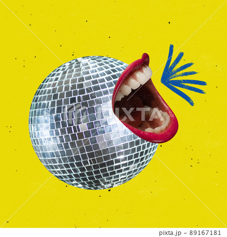 Contemporary art collage. Giant female lips with red lipstick singing near disco ball isolated over yellow background Contemporary art collage. Giant female lips with red lipstick singing near disco ball isolated over yellow background 89167181