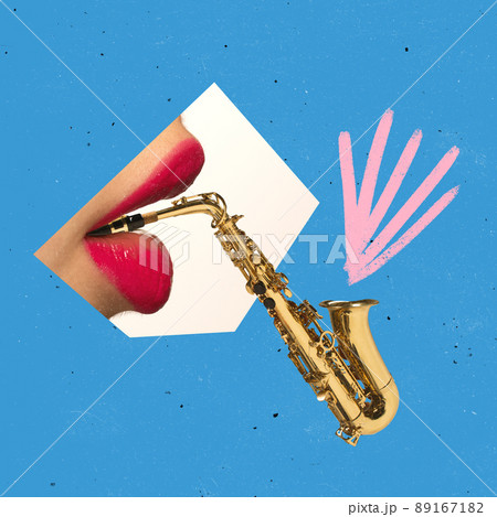 Contemporary art collage. Female lips with red lipstick playing trumpet isolated over blue background Contemporary art collage. Female lips with red lipstick playing trumpet isolated over blue background 89167182