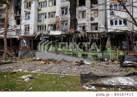 Irpin, Kyev region  Ukraine - 09.04.2022: Cities of Ukraine after the Russian occupation. Destroyed buildings on the streets of Irpen. Broken, shelled windows. Buildings after being hit by missiles. 89167415