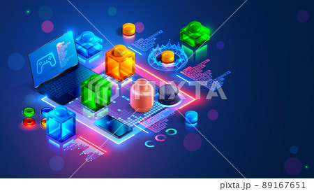 Digital software for technical education of teenagers. Children code a simple computer video game program on laptop. Isometric banner stem-education training for children. Programming course. 89167651
