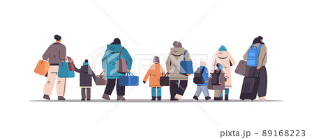 Ukrainian refugees with things fleeing russian aggression against Ukraine stop war concept people searching new homes 89168223