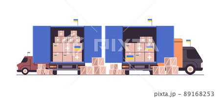 delivery of humanitarian aid in Ukraine by trucks save Ukraine from russia stop war medical supplies food clothing donation 89168253