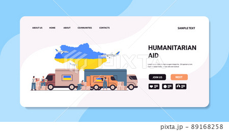 volunteers giving help boxes with Ukraininan flag to refugees humanitarian aid material assistance governmental help volunteers giving help boxes with Ukraininan flag to refugees humanitarian aid material assistance governmental help 89168258