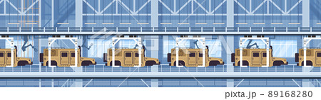 armoured personnel carrier APC on assembly conveyor line with robot arms special battle transport military equipment production 89168280