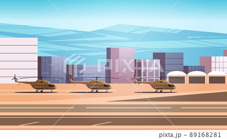 green helicopters special battle transport on military airport runway and aviation control point stop war against Ukraine 89168281