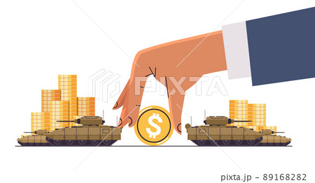 Ukrainian tank special army battle transport military equipment near dollar coins financing war sanctions metaphor 89168282