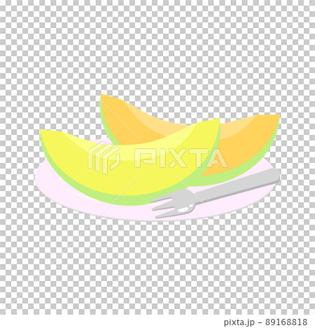 カットしたマスクメロンと夕張メロンを皿に盛り付けたイラスト　フォークを添えて　シンプルでかわいい 89168818