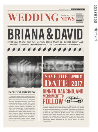 Wedding invitation in newspaper front page style. Paper template 89168839