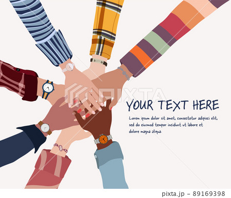 Group of hands on top of each other in a circle of diverse multi-ethnic and multicultural people.Community team partnership concept.People of different races and cultures.Racial equality Group of hands on top of each other in a circle of diverse multi-ethnic and multicultural people.Community team partnership concept.People of different races and cultures.Racial equality 89169398