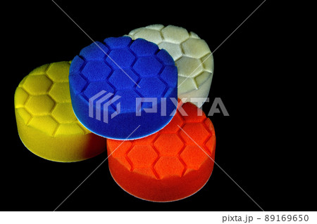 Foam Plastic Polishing Discs on a Black Background Foam Plastic Polishing Discs on a Black Background 89169650