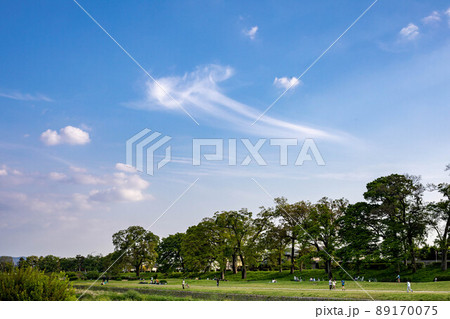 鴨川の初夏、青空に浮かぶクラゲのような雲 89170075