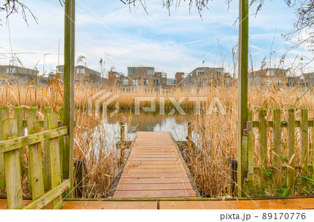 A small wooden pier leading to a river overgrown on both banks 89170776