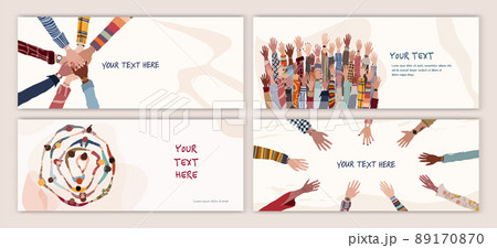 Volunteer people group concept banner - cover - poster editable template. Raised arms and hands of multiethnic people. Multicultural people holding hands. Hands in a circle. Team concept Volunteer people group concept banner - cover - poster editable template. Raised arms and hands of multiethnic people. Multicultural people holding hands. Hands in a circle. Team concept 89170870