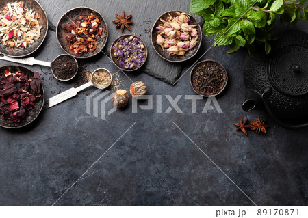 Various dried tea and teapot 89170871