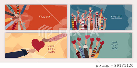Banner - cover with group of volunteer multicultural people - editable poster template. Raised arms of people holding a heart in their hand. Charity and solidarity donation. Community 89171120
