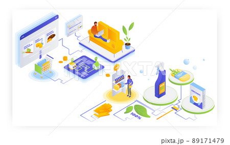 People shopping for groceries and natural household cleaning products online, flat vector isometric illustration. 89171479