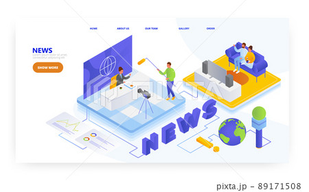 Breaking news, landing page design, website banner vector template. Presenter hosting tv program in studio. Broadcasting Breaking news, landing page design, website banner vector template. Presenter hosting tv program in studio. Broadcasting 89171508