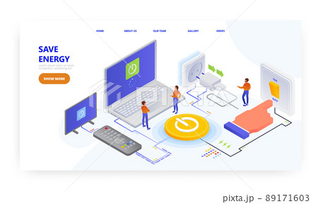 Save energy, landing page design, website banner vector template. Reduce electricity, turn off the lights and devices. 89171603