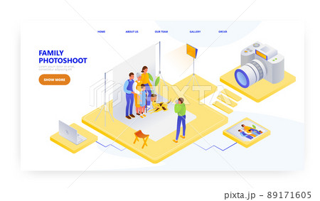 Family photoshoot in studio with pet dog, landing page design, website banner vector template. 89171605