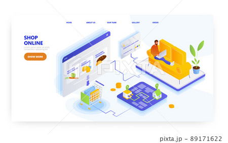 Shop online, landing page design, website banner vector template. Grocery shopping. Online food order, delivery service. 89171622