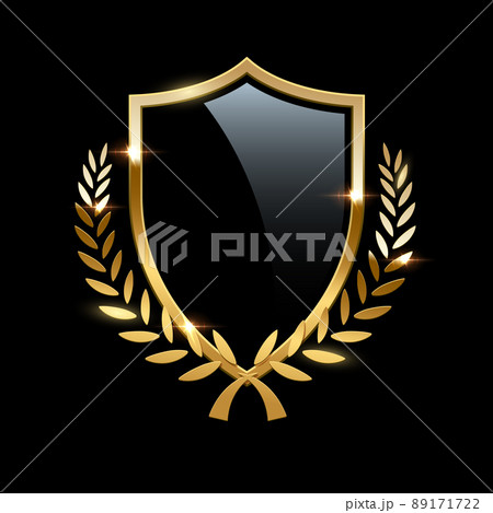 Black glass shield with golden frame and golden laurel wreath isolated on black background. Vector design element. 89171722