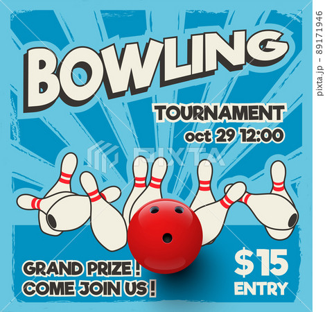 Bowling tournament design template. Vector realistic bowling strike on pop art background. Bowling tournament design template. Vector realistic bowling strike on pop art background. 89171946