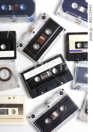 Old audio cassettes on white background. Flat top view Old audio cassettes on white background. Flat top view 89172447