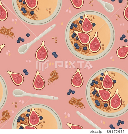 Smoothie bowl seamless pattern with figs, oats 89172955