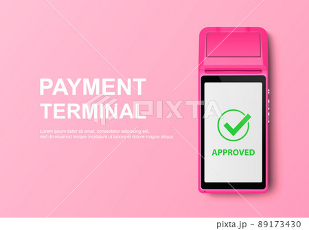 Vector Realistic 3d Pink Touch Mobile Payment Machine. POS Terminal Closeup Isolated on Pink Design Template of Bank Payment Wireless Contactless Terminal, Mockup. Payments device. Top View 89173430