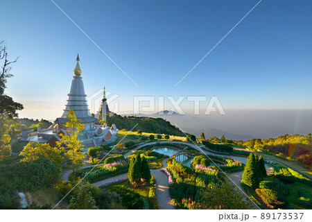 Naphamethinidon and Naphaphonphumisiri, Chedi of the Queen and Chedi of the King, the two pagodas and garden near the summit of the highest mountain in Thailand. Doi Inthanon, Chiang Mai Province Naphamethinidon and Naphaphonphumisiri, Chedi of the Queen and Chedi of the King, the two pagodas and garden near the summit of the highest mountain in Thailand. Doi Inthanon, Chiang Mai Province 89173537