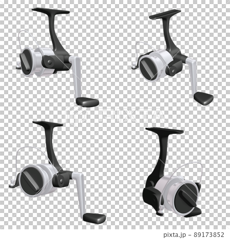 釣具のイラスト素材　オーソドックスなスピニングリール（1）　黒と銀　カット4点セット 89173852