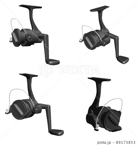 釣具のイラスト素材　オーソドックスなスピニングリール（1）　黒　カット4点セット 89173853