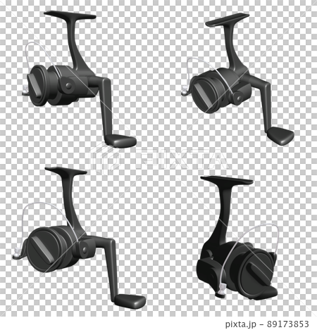 釣具のイラスト素材　オーソドックスなスピニングリール（1）　黒　カット4点セット 89173853