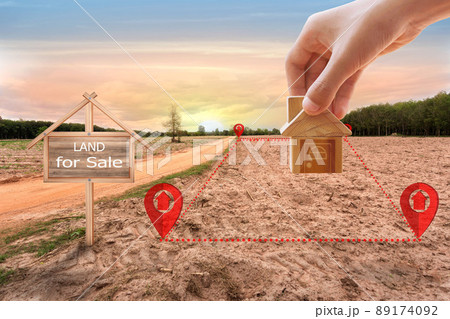 House symbol with location pin icon in real estate sale or property investment concept, Buying new home for family. 89174092