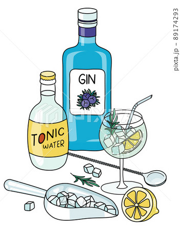 Doodle cartoon gin and tonic cocktail and ingredients composition. A bottle of gin and tonic water, lemon and ice scoop. For bar menu, stickers or alcohol cook book recipe. 89174293